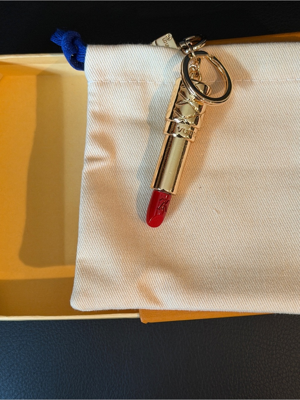 Lipstick Charm Keychain in Gold with Red Accent